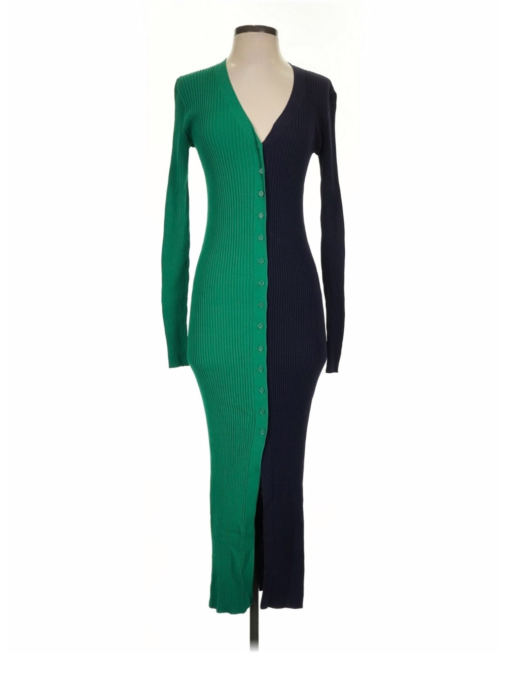 STAUD Two-Tone Green & Navy Ribbed Bodycon Button-Front Maxi Dress size M.